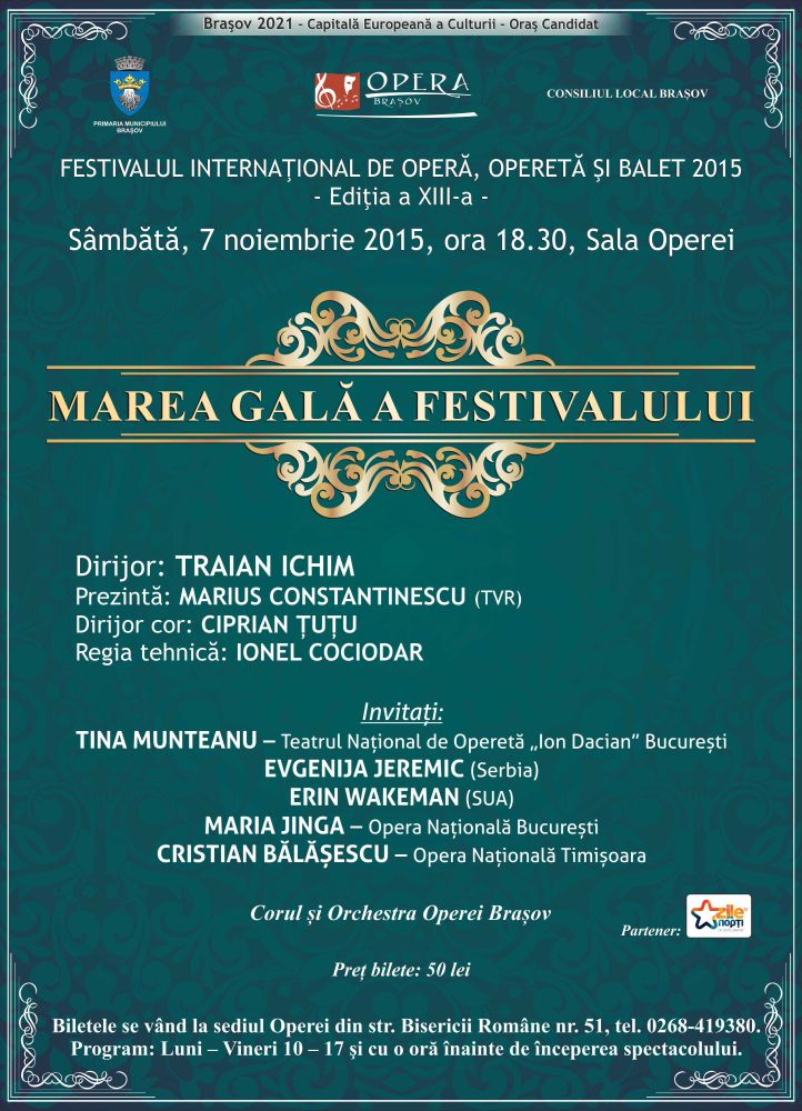 Marea Gală a Festivalului - regalul numelor consacrate, pe scena Operei Brașov