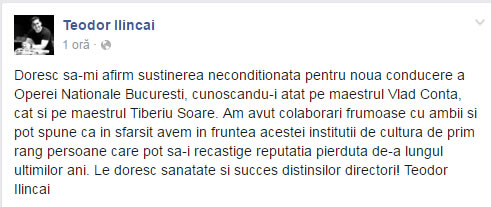 Teodor Ilincai sustine noua conducere a Operei Nationale Bucuresti
