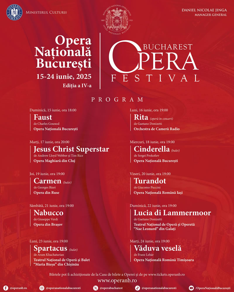 București Opera Festival, la cea de-a patra ediție, între 15 și 24 iunie, pe scena ONB